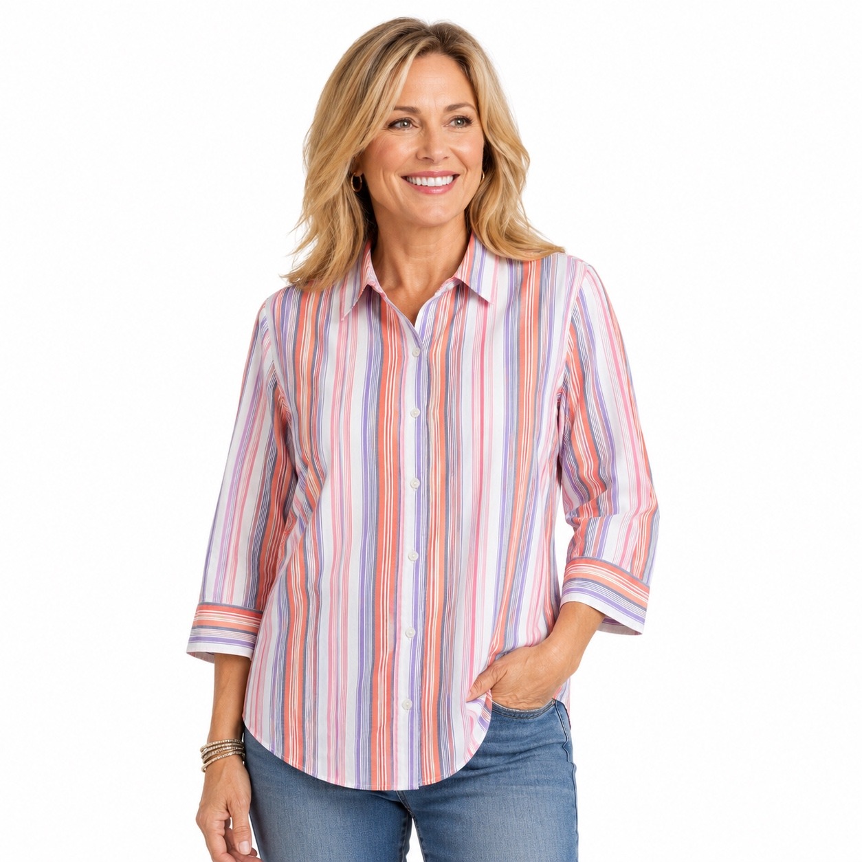 Blair Womens Large Striped Shirt 3/4 Sleeve Red Purple Orange Multi-Color